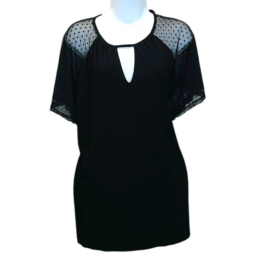 Anne Klein Women’s Size 1X Black Blouse with Sheer Polka Dot Sleeves Tops